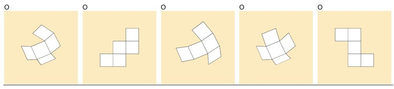 5 Abbildungen von Schachtelnetzen mit jeweils 5 aneinanderhängenden Quadraten. 