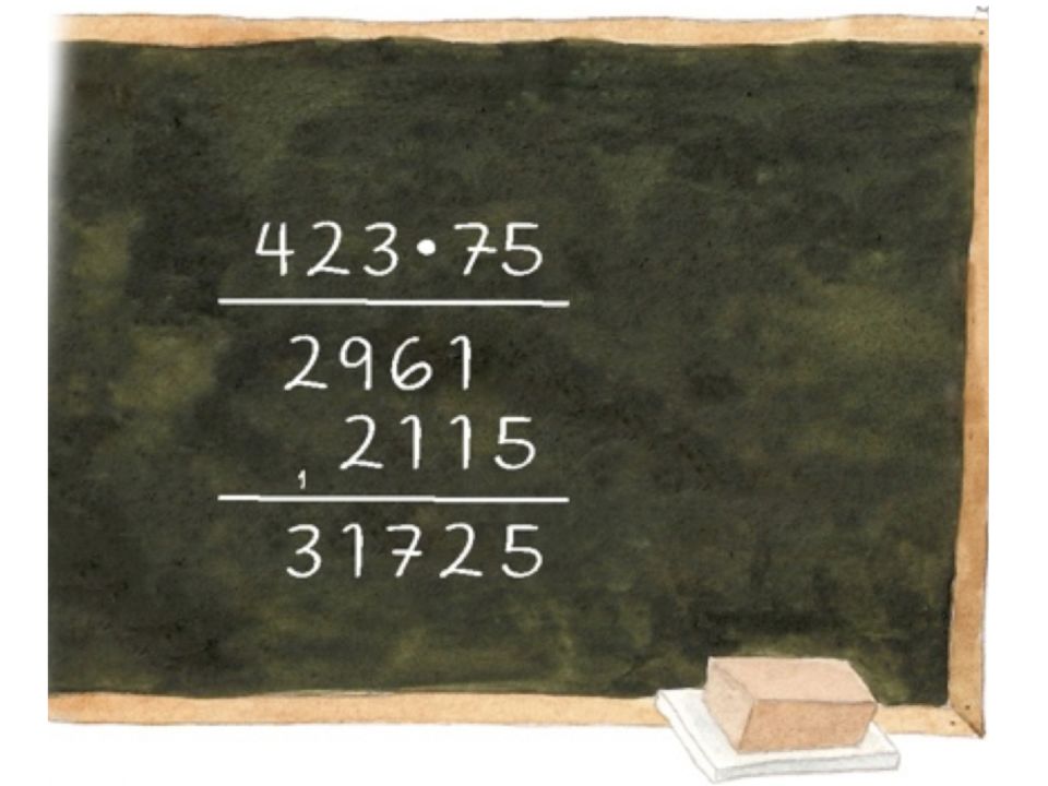 Abbildung einer Tafel mit der schriftlichen Rechnung der Aufgabe „423 mal 75 = 31725“. 