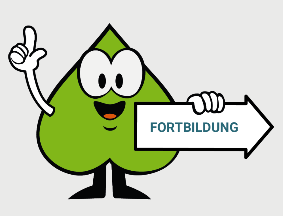 Piko mit einem Schild, auf dem "Fortbildung" steht