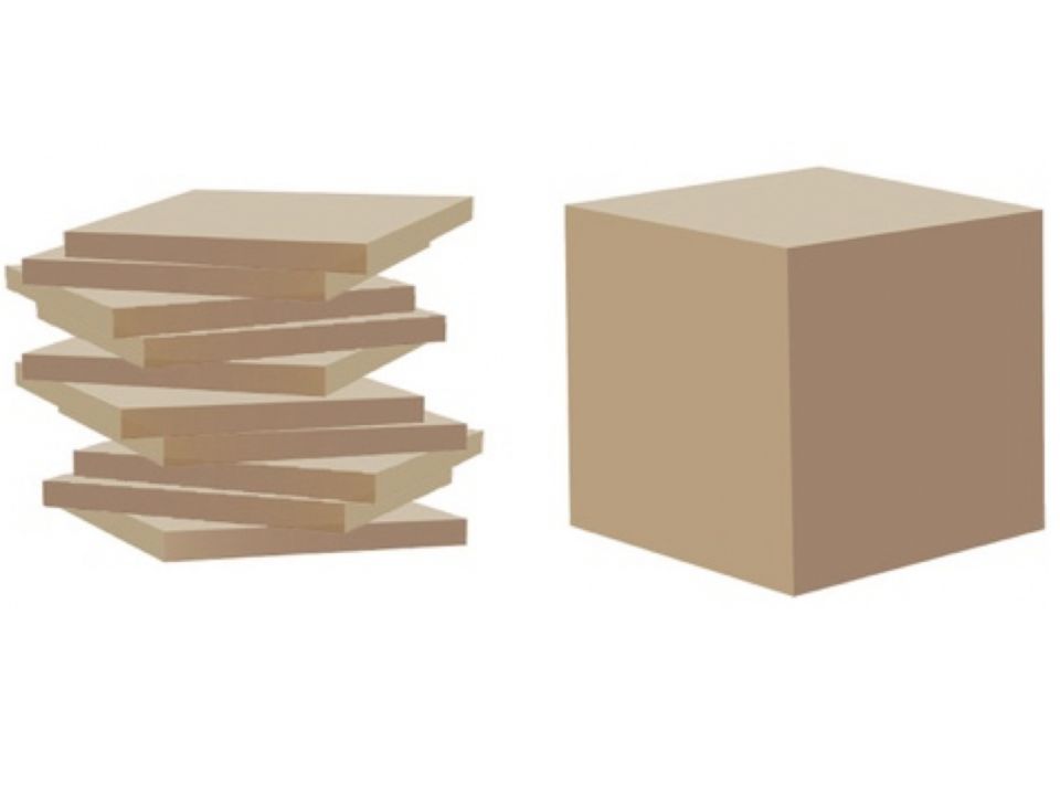 Illustration von Würfel-Material. Links: Stapel mit 10 Zehnerplatten, Rechts: ein Tausenderwürfel.