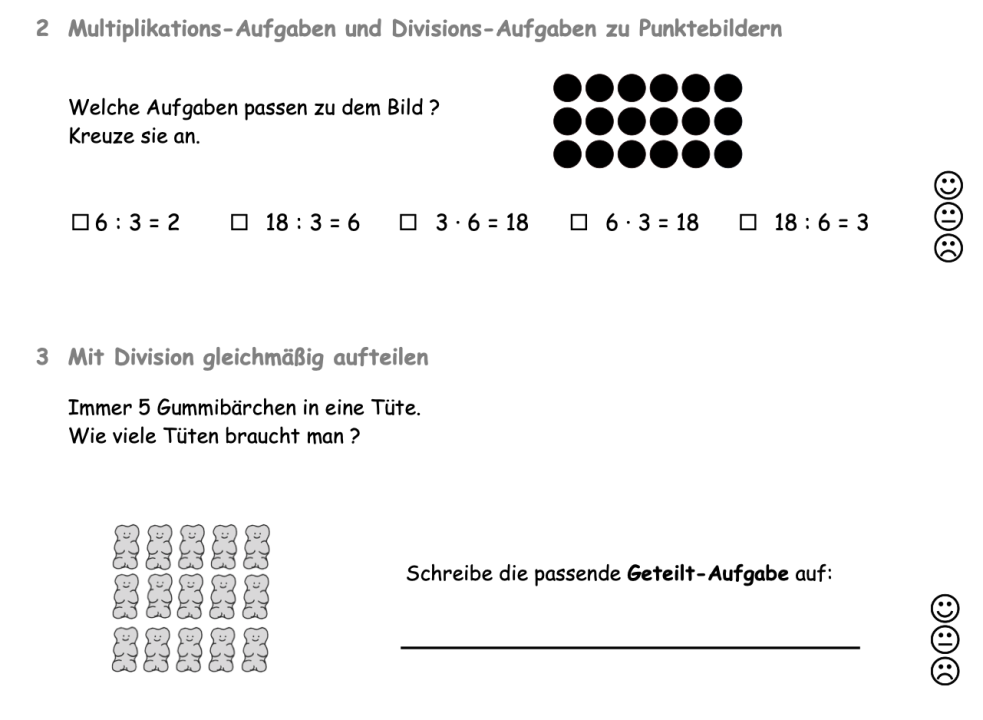 Ausschnitt aus der Standortbestimmung „Division verstehen“. Aufgabe 2: „Multiplikations-Aufgaben und Divisions-Aufgaben zu Punktefeldern“. Aufgabenstellung: „Welche Aufgaben passen zu dem Bild? Kreuze sie an.“ Daneben ein 3 mal 6 Punktefeld und die Ankreuzmöglichkeiten „6 geteilt durch 3 = 2“, „18 geteilt durch 3 = 6“, „3 mal 6 = 18“, „6 mal 3 = 18“, „18 geteilt durch 6 = 3“. Aufgabe 3: „Mit Division gleichmäßig aufteilen“. Aufgabenstellung: „Immer 5 Gummibärchen in eine Tüte. Wie viele Tüten braucht man?“. Darunter 3 mal 5 Gummibärchen. „Schreibe die passende Geteilt-Aufgabe auf“. Darunter Platz für die Schülerlösung.