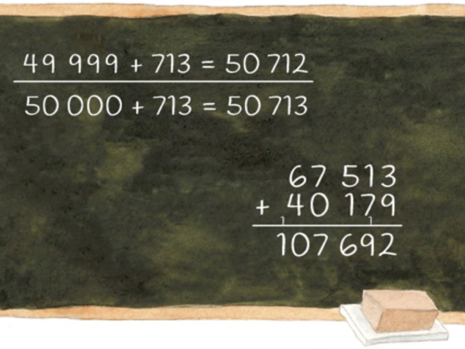 Abbildung einer Tafel. Oben: „49999 plus 713 = 50712. Darunter ein Strich. Darunter 50000 plus 713 = 50713“. Unten stellengerecht untereinander: „67513 plus 40179 = 107692“ als schriftliche Rechnung.