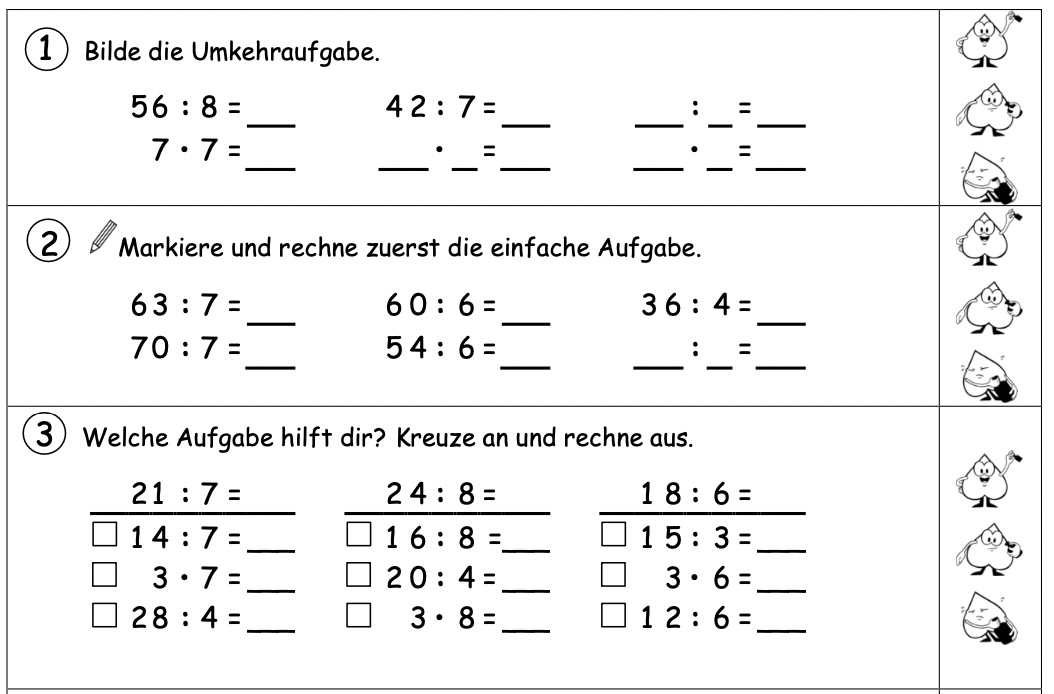 Ausschnitt aus der Standortbestimmung „Geschickte Division“. Aufgabe 1 bis 3. Aufgabe 1: „Bilde die Umkehraufgabe.“ Darunter: „56 geteilt durch 8 = _, 7 mal 8 = _. 42 geteilt durch 7 = _“. Darunter und daneben leere Felder für eigene Umkehraufgaben. Aufgabe 2: „Markiere und rechne zuerst die einfache Aufgabe.“ Darunter jeweils in Zweierpäckchen: „63 geteilt durch 7 = _, 70 geteilt durch 7 = _. 60 geteilt durch 6 = _, 54 geteilt durch 6 = _. 36 geteilt durch 4 = _“ und ein leeres Feld für eine eigene Divisionsaufgabe. Aufgabe 3: „Welche Aufgabe hilft dir? Kreuze an und rechne aus.“ Darunter 3 Divisionsaufgaben unter denen jeweils 3 Ankreuzmöglichkeiten stehen. Links: „21 geteilt durch 7 = _“, darunter „14 geteilt durch 7“, „3 mal 7“ und „28 geteilt durch 4“.  Mittig: „24 geteilt durch 8 = _“, darunter „16 geteilt durch 8“, „20 geteilt durch 4“ und 3 mal 8“. Rechts: „18 geteilt durch 6 = _“, darunter „15 geteilt durch 3“, „3 mal 6“ und „12 geteilt durch 6“. 