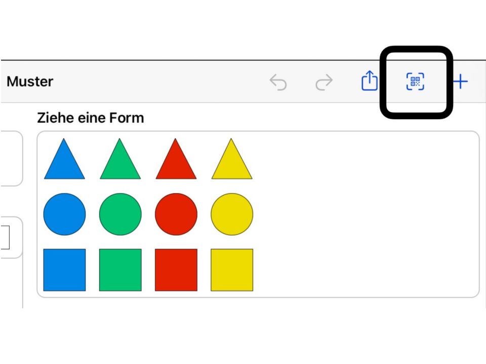 Ausschnitt aus der App „Muster“. Aufgabenstellung: „Ziehe eine Form.“ Darunter verschieden farbige Dreiecke, Kreise und Quadrate.