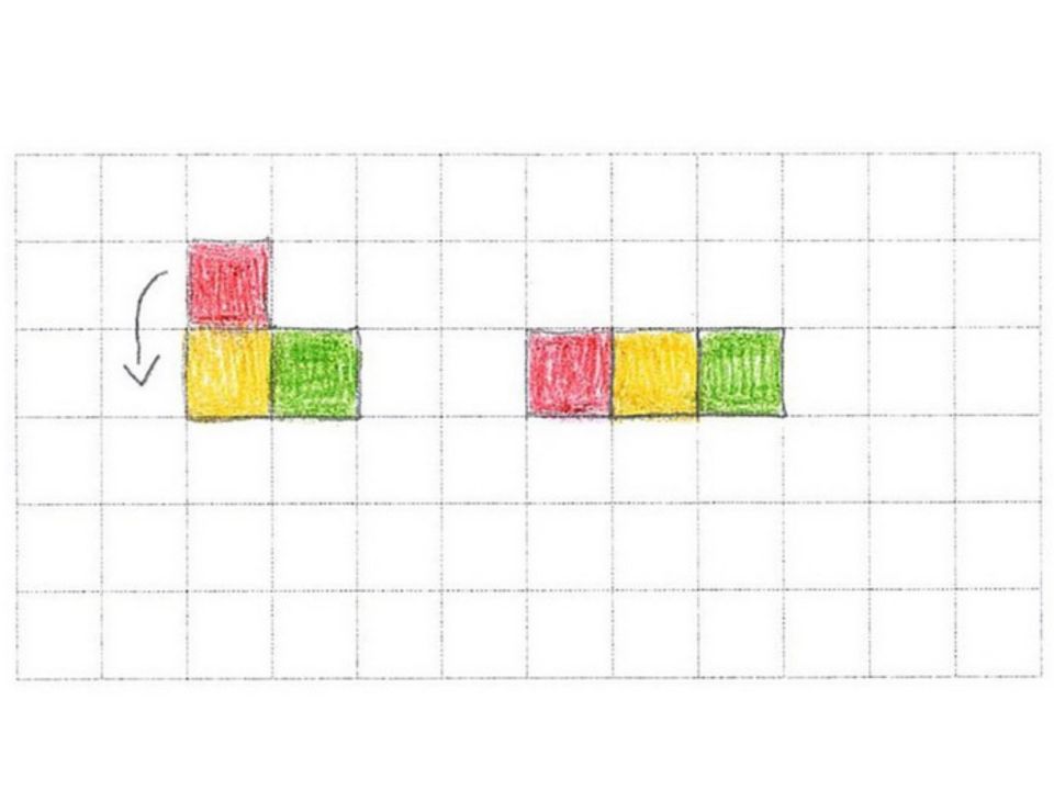 Schülerdokument zur Auseinandersetzung mit Quadratmehrlingen. Figur links von links nach rechts: gelbes und grünes Quadrat nebeneinander, ein rotes Quadrat auf dem gelben. Daneben ein Pfeil, der vom roten Quadrat nach unten neben das gelbe Quadrat zeigt. Figur rechts von links nach rechts: rotes, gelbes und grünes Quadrat nebeneinander.