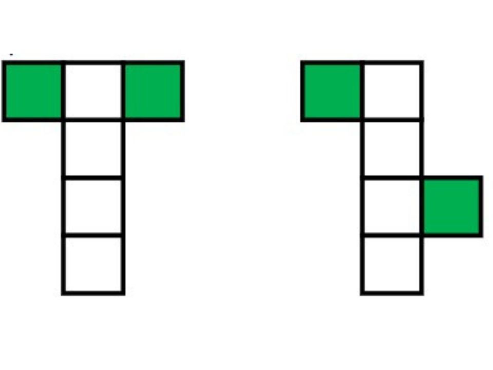 Abbildung zweier Würfelnetze. Links: T-förmiges Würfelnetz, wobei die Quadrate links und rechts grün gefärbt sind. Rechts: das gleiche Würfelnetz noch einmal, wobei das grüne Quadrat rechts um 2 Quadrate nach unten verschoben wurde.