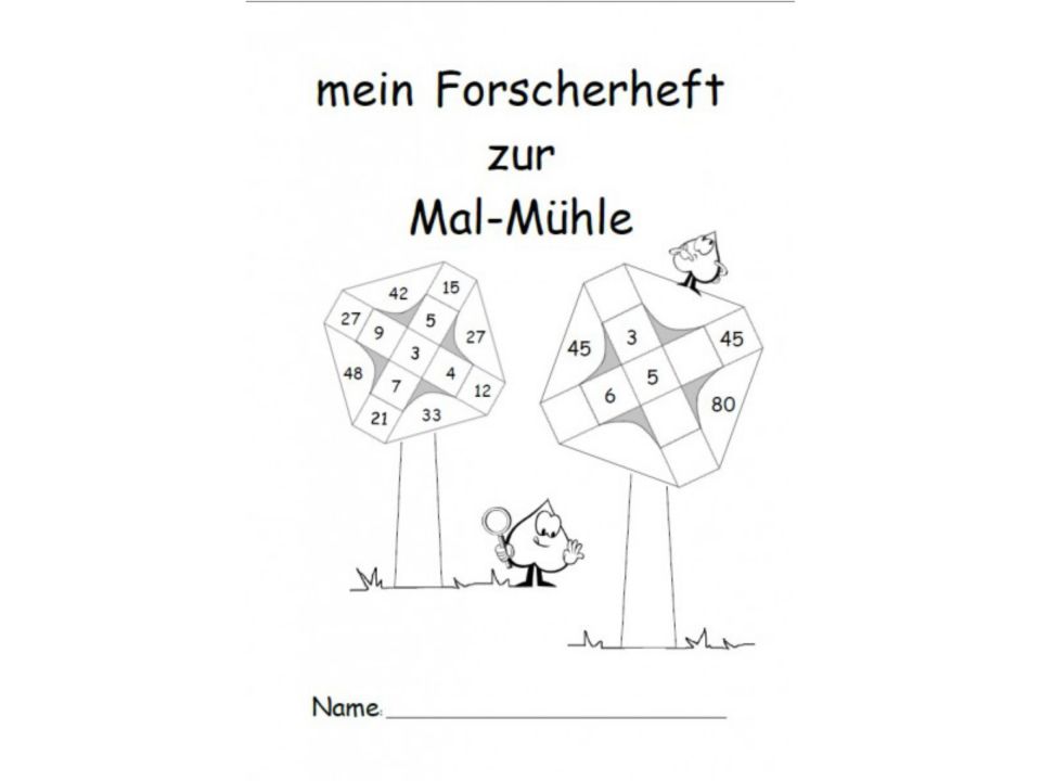 Deckblatt eines Forscherhefts. Überschrift: „mein Forscherheft zur Mal-Mühle“. Darunter: Abbildung von 2 Mal-Mühlen mit Zahlen von 1 bis 100. 