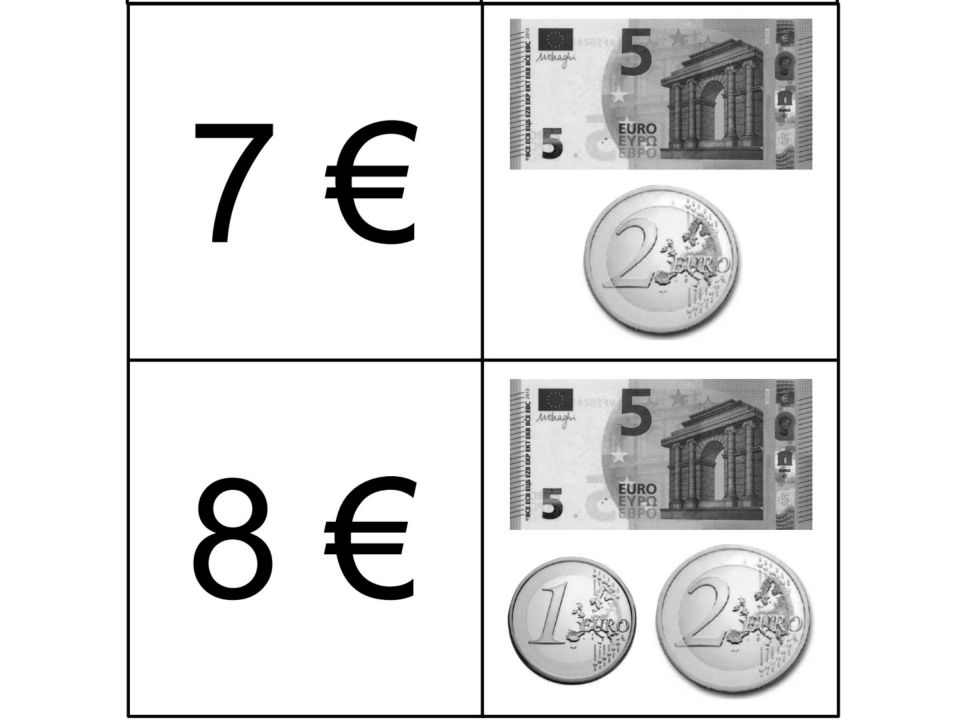 Ausschnitt aus Unterrichtsmaterial zur Verknüpfung von Geldbeträgen in Ziffernschreibweise und Bargeld-Abbildung. Links: Ziffernschreibweise, Rechts: zuge-hörige Bargeld-Abbildung. Oben: 7€ dargestellt mit einem 5 Euroschein und einer 2 Euromünze, Unten: 8€ dargestellt mit einem 5 Euroschein, einer 1 Euro-münze und einer 2 Euromünze.