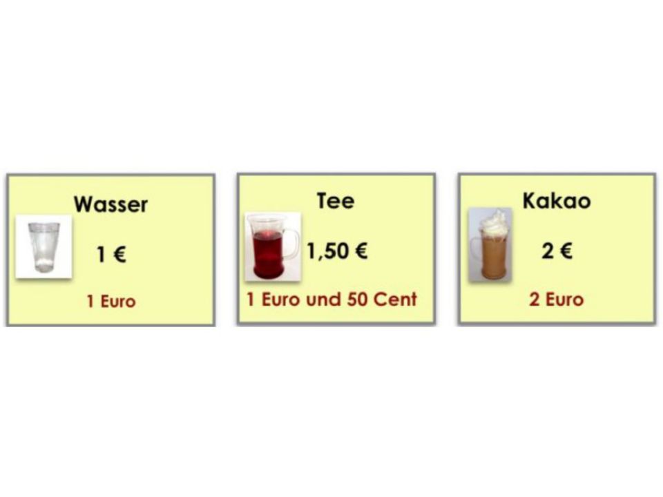 Abbildung einer Lernumgebung zum Bereich Kaufen und Bezahlen. 3 Preisschilder mit Ziffern-Schreibweise und ausgeschriebenen Preisen: „Wasser 1 Euro“, „Tee 1 Euro und 50 Cent“, „Kakao 2 Euro“.