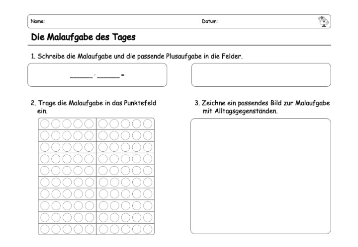 Abbildung von Schülerlösung vom Material "Die Mal-Aufgabe des Tages". Dabei werden unterschiedliche Vorstellungen der Multiplikation angesprochen. Die Arbeitsblatt setzt sich aus "Mal-Aufgabe", "Wiederholte Addition", "Punktebild", "Gruppen bilden", "in der Umwelt" und "Zahlenstrahl" zusammen.