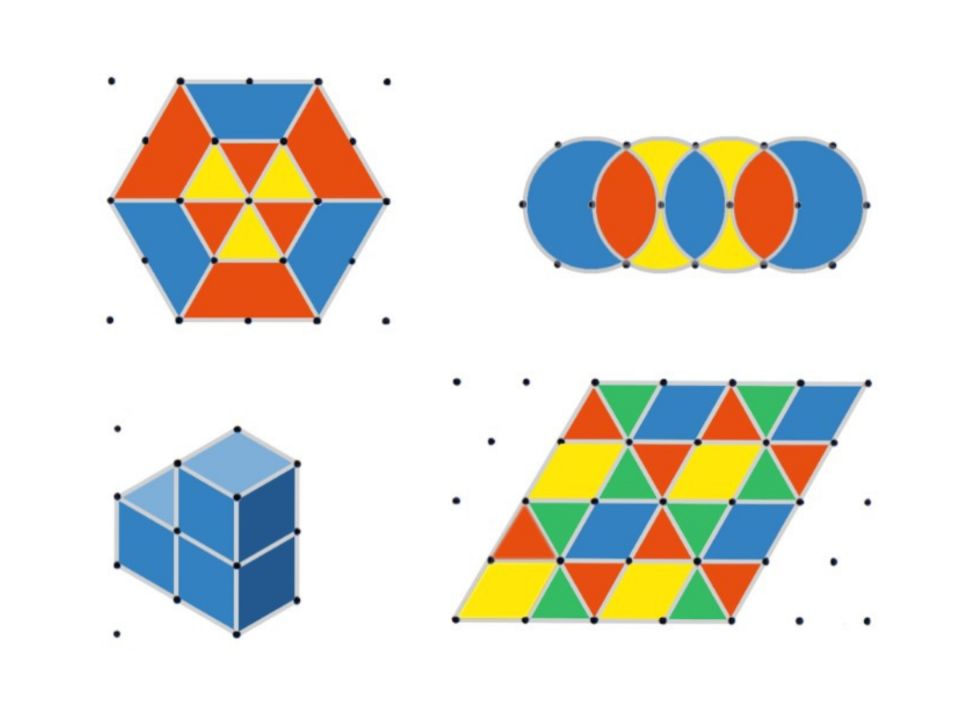 Abbildung verschiedener Muster und Würfelgebäude im Punkteraster. Ausschnitt 1: Sechseck mit komplexer Musterung. Ausschnitt 2: 4 sich überschneidende Kreise, wobei die Überschneidungen unterschiedlich gefärbt sind. Ausschnitt 3: Würfelgebäude aus 3 Würfeln im Schrägbild. Ausschnitt 4: Parallelogramm, welches aus kleinen bunten Dreiecken und Parallelogrammen besteht.