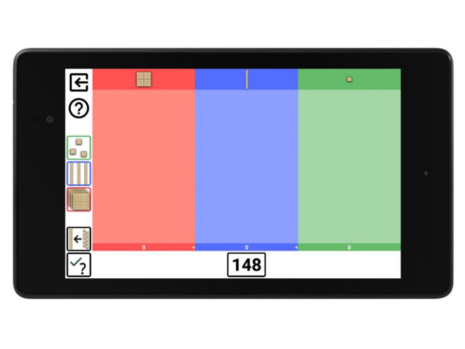 Abbildung eines Tabletbildschirms. Ausschnitt aus der App „Stellenwerte üben“. Links: Menüfeld zur Auswahl von Dienes-Material. Rechts daneben: rote Spalte mit Hunderterplatte, Mitte: blaue Spalte mit Zehnerstange, Rechts: grüne Spalte mit Einerwürfel. Unten: Zahl „148“. 