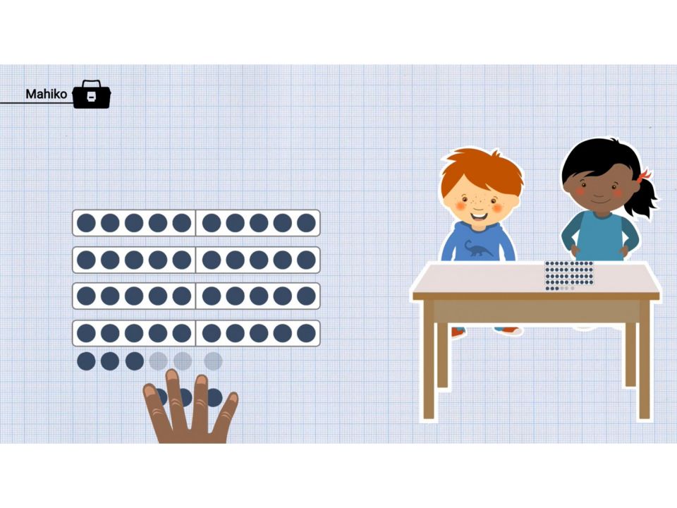 Abbildung einem Mahiko-Video. Rechts: Zwei Kinder sitzen an einem Tisch. Links: 4 blaue Punktestreifen mit jeweils 10 Punkten. Darunter: 3 blaue Punkte. Eine Hand schiebt weitere 3 blaue Punkte dazu.