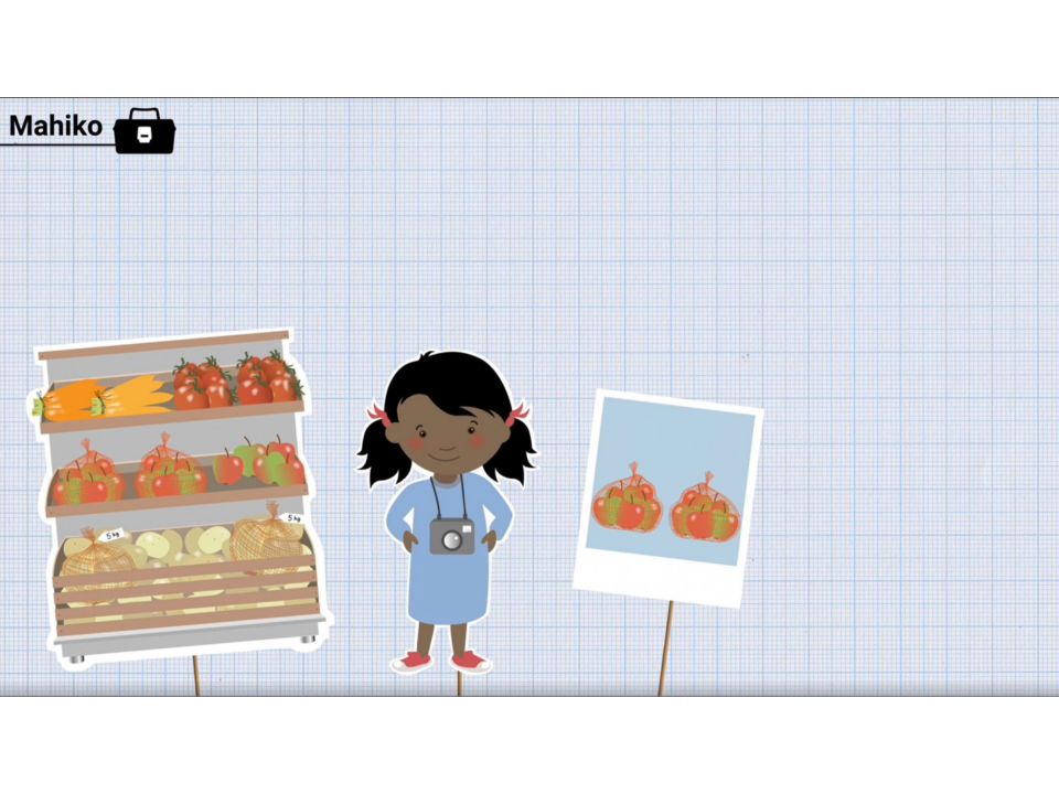 Abbildung aus einem Mahiko-Video. Mittig: Abbildung eines Mädchens mit Fotoapparat. Links: Verkaufsstand mit Obst und Gemüse. Rechts: Foto von 2 Säcken mit jeweils 5 Äpfeln.