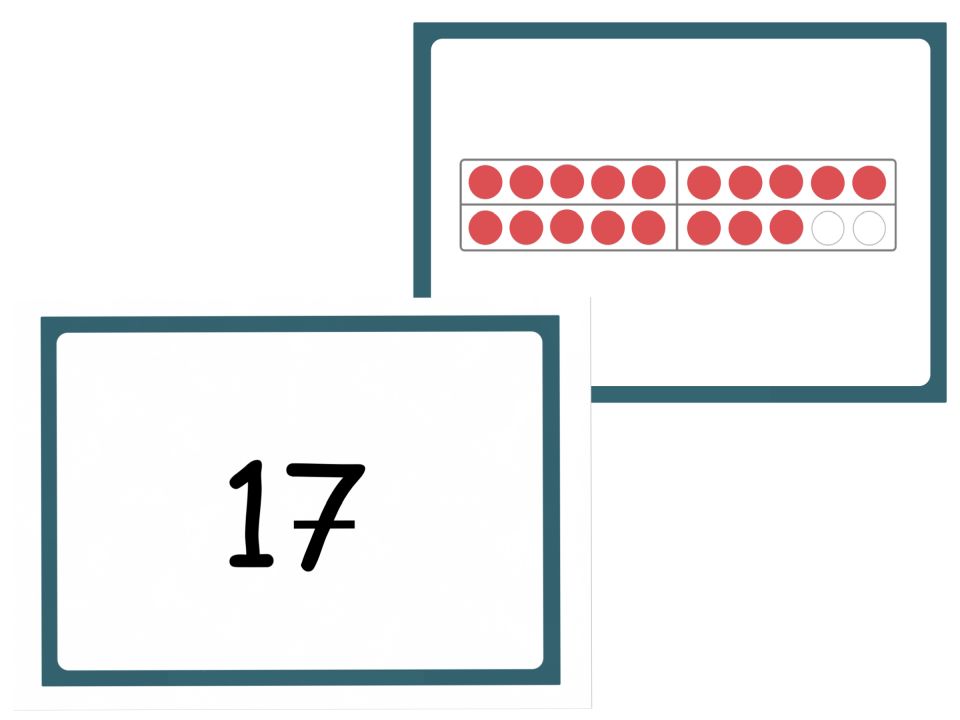 Vorder- und Rückseite einer Blitzblickkarte zum schnellen Erkennen von Anzahlen einer Menge. Vorderseite: 17. Rückseite: 18 rote Plättchen im Zwanzigerfeld. 