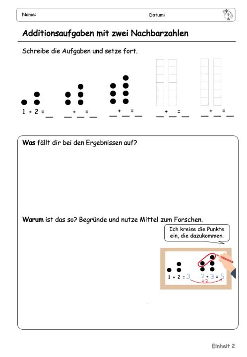 Abbildung eines Arbeitsblattes bei dem systematisch Additionsaufgaben mit 2 Reihenfolgezahlen gefunden werden sollen. 