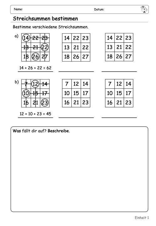 Abbildung eines Arbeitsblattes bei dem es darum geht, die Streichsumme in Streichquadraten zu finden und das Vorgehen zu beschreiben.
