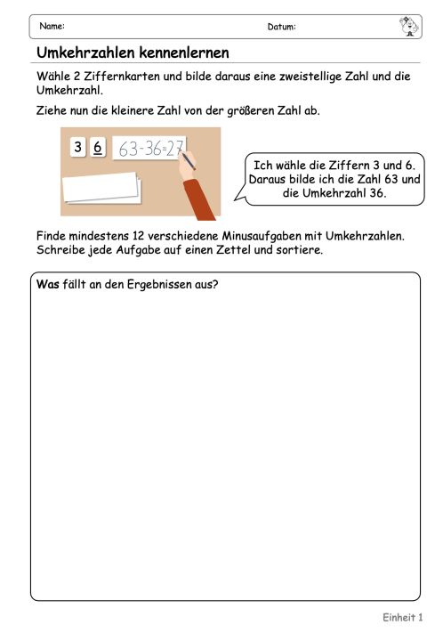 Abbildung eines Arbeitsblattes bei dem es darum geht, die Subtraktionsaufgaben mit Umkehrzahlen zu bilden und anschließend zu notieren, was an den Ergebnissen auffällt.
