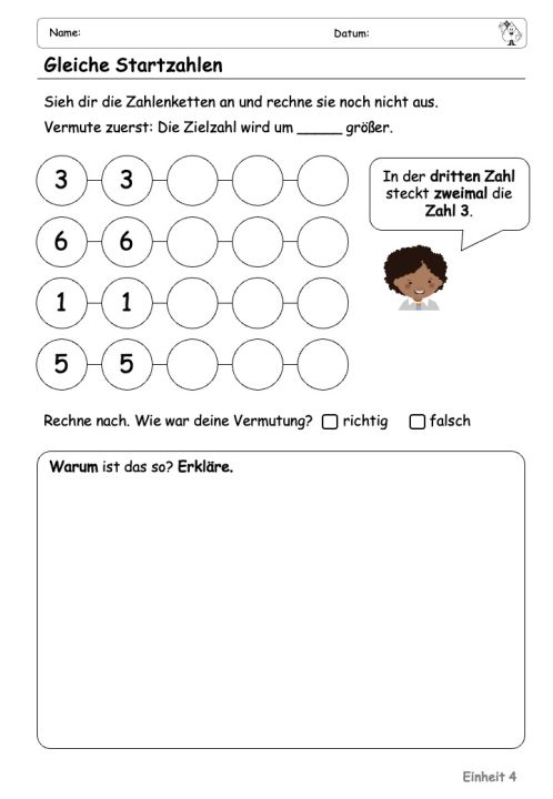 Abbildung eines Arbeitsblattes bei dem Zahlenketten mit gleicher Startzahl berechnet und die Entdeckungen notiert werden sollen. 