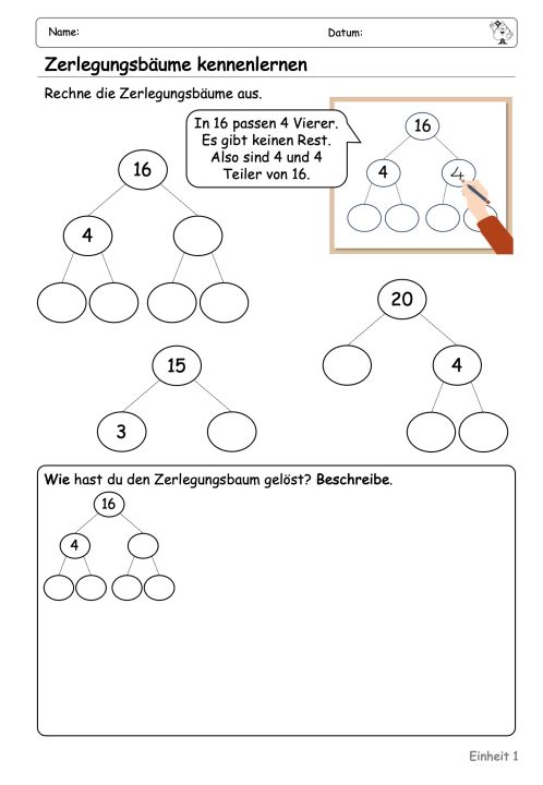 Abbildung eines Arbeitsblattes bei dem es darum geht, dass Zerlegungsbäume bei denen einige Zahlen gegeben sind zu lösen und das Vorgehen zu beschreiben. 