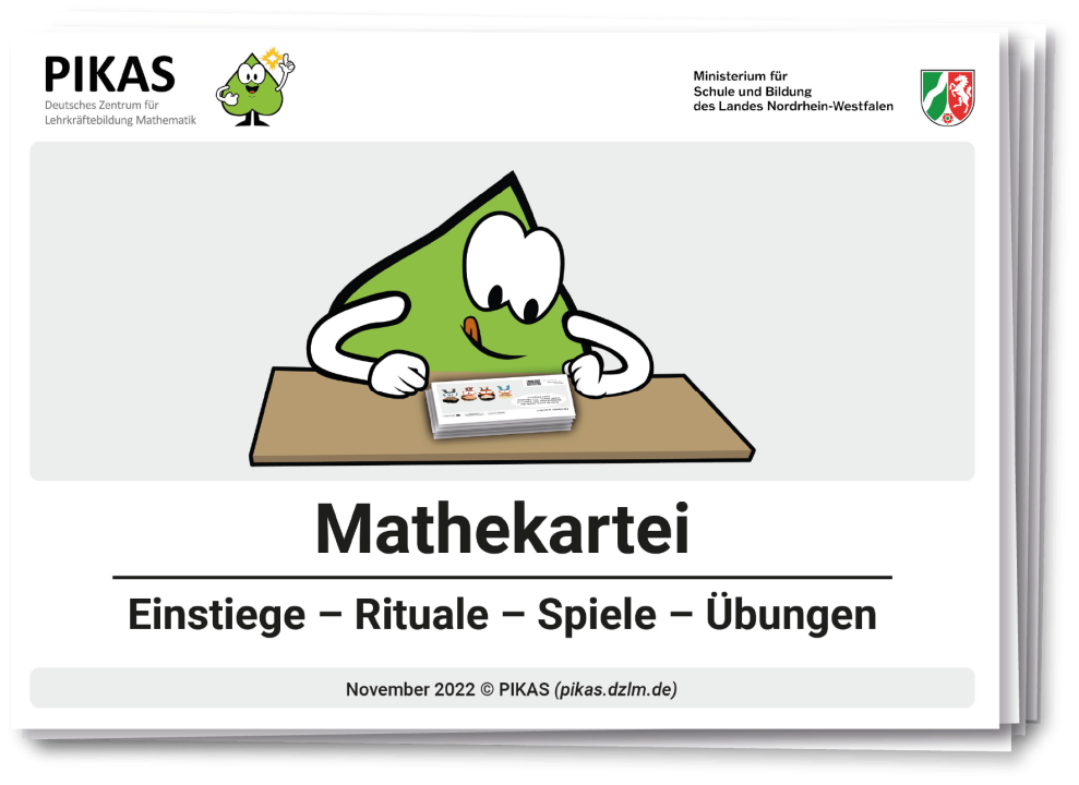 Abbildung des Deckblatts der Mathe-Kartei. Unterüberschrift: „Einstiege – Rituale – Spiele – Übungen“.