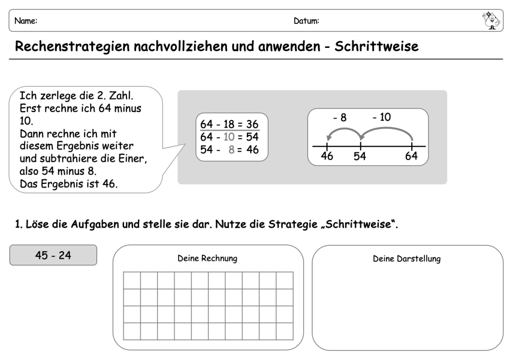 Arbeitsblatt mit einer Einführung und Beschreibung der halbschriftlichen Rechentrategie schrittweise. Darunter die Aufgabe 45 minus 24 zu der die Kinder eine eigene Rechnung mit Hilfe der Strategie schrittweise notieren sollen sowie eine passende Darstellung zeichnen sollen. 