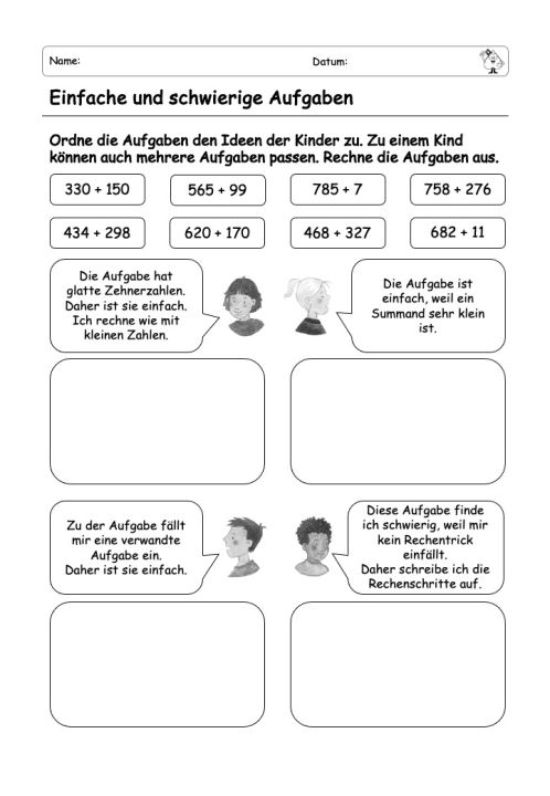 Abbildung eines Arbeitsblatts zum Zuordnen von einfachen und schwierigen Aufgaben zu verschiedenen Kinderaussagen.