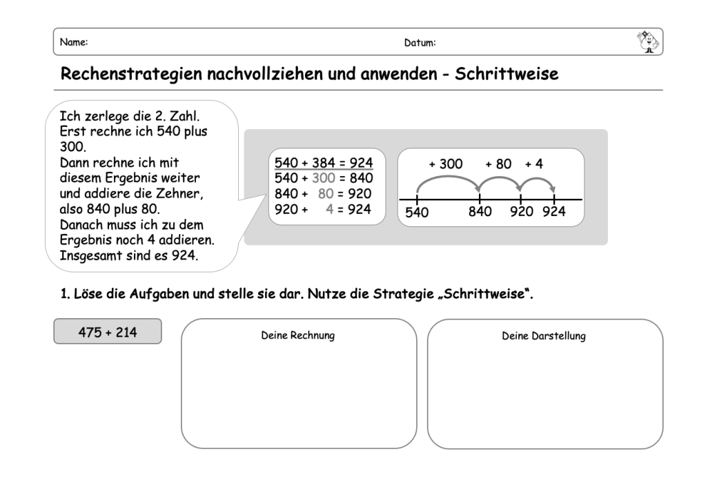 Arbeitsblatt mit einer Einführung und Beschreibung der halbschriftlichen Rechentrategie schrittweise. Darunter die Aufgabe 45 minus 24 zu der die Kinder eine eigene Rechnung mit Hilfe der Strategie schrittweise notieren sollen sowie eine passende Darstellung zeichnen sollen. 
