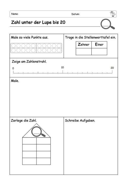 Abbildung des Materials "Zahl unter der Lupe" zur Darstellungsvernetzung. Eine Zahl soll auf verschiedene (vorgeschriebene) Weisen dargestellt werden.